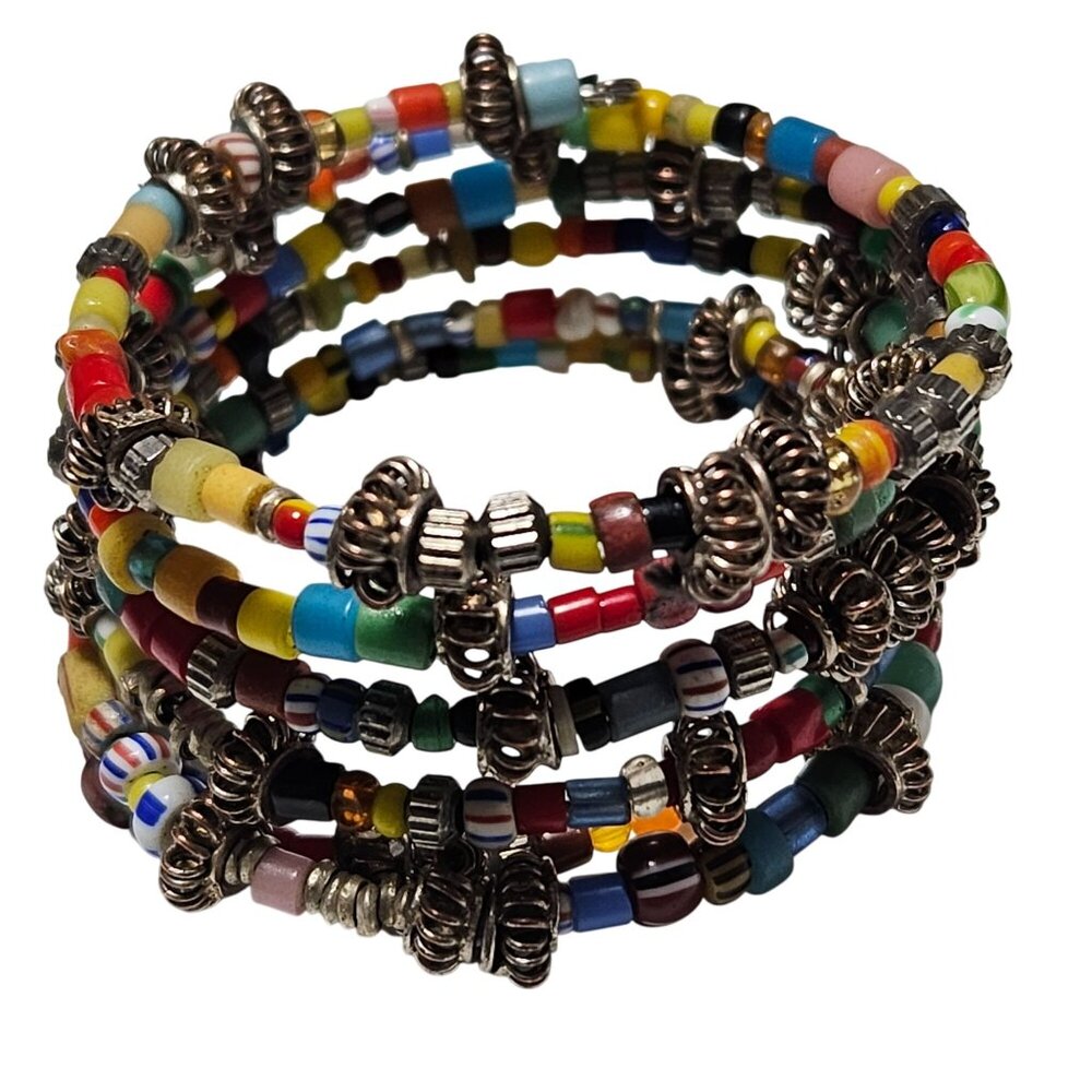 Boho Retro Coil Beaded Stack Bracelet Metal Accents Fashion Jewelry Women